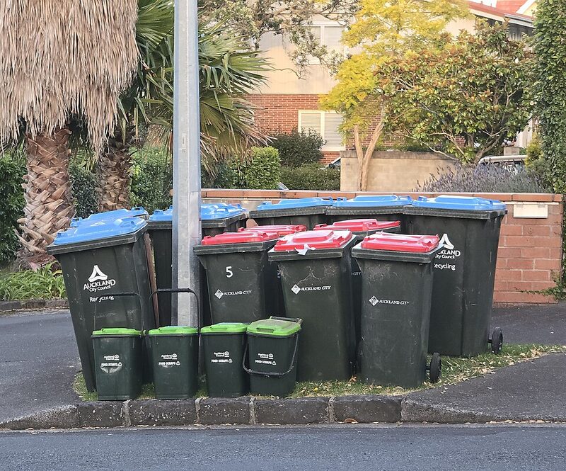 Row of kerbside rubbish and recycling bins on collection day